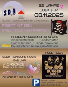 Einladung zur 25 Jahr-Feier der Firma SDA in Kitzingen. Buntes Programm und ab 18 Uhr der RAVE der Piraten